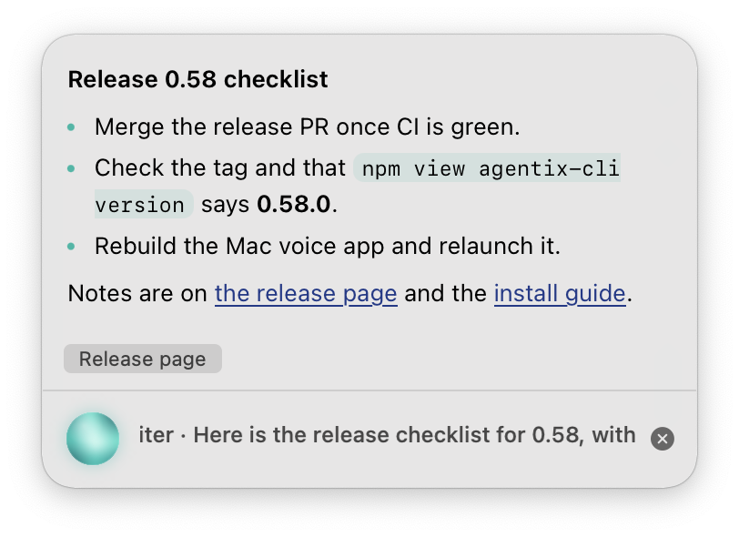 The pill grown into an answer, light mode: a release checklist with a bulleted list, a code span and two links, a Release page button, and the pill's own row with the orb underneath