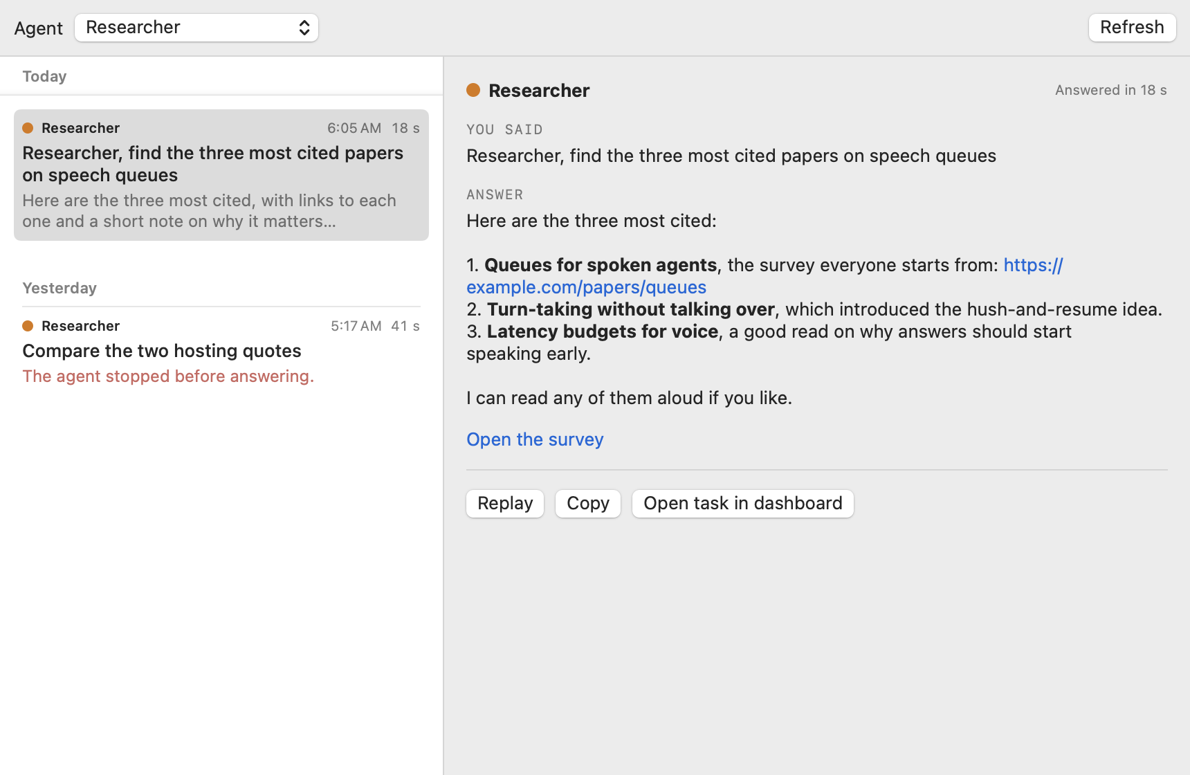 The History window filtered to one agent: only its questions are listed