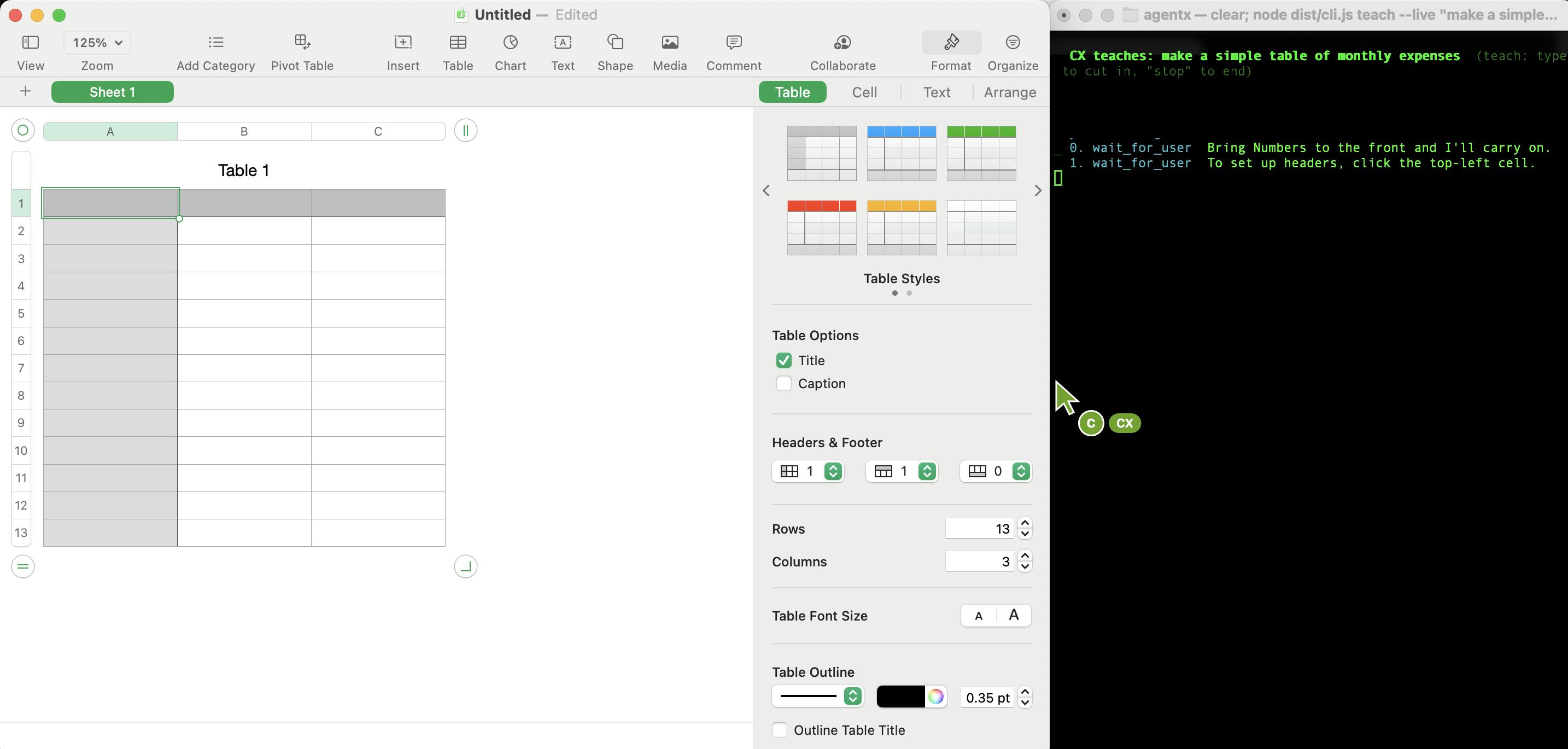 A live lesson in progress: a Numbers table on the left, the agent's pointer labelled C and CX between the windows, and the terminal on the right printing each step as it happens