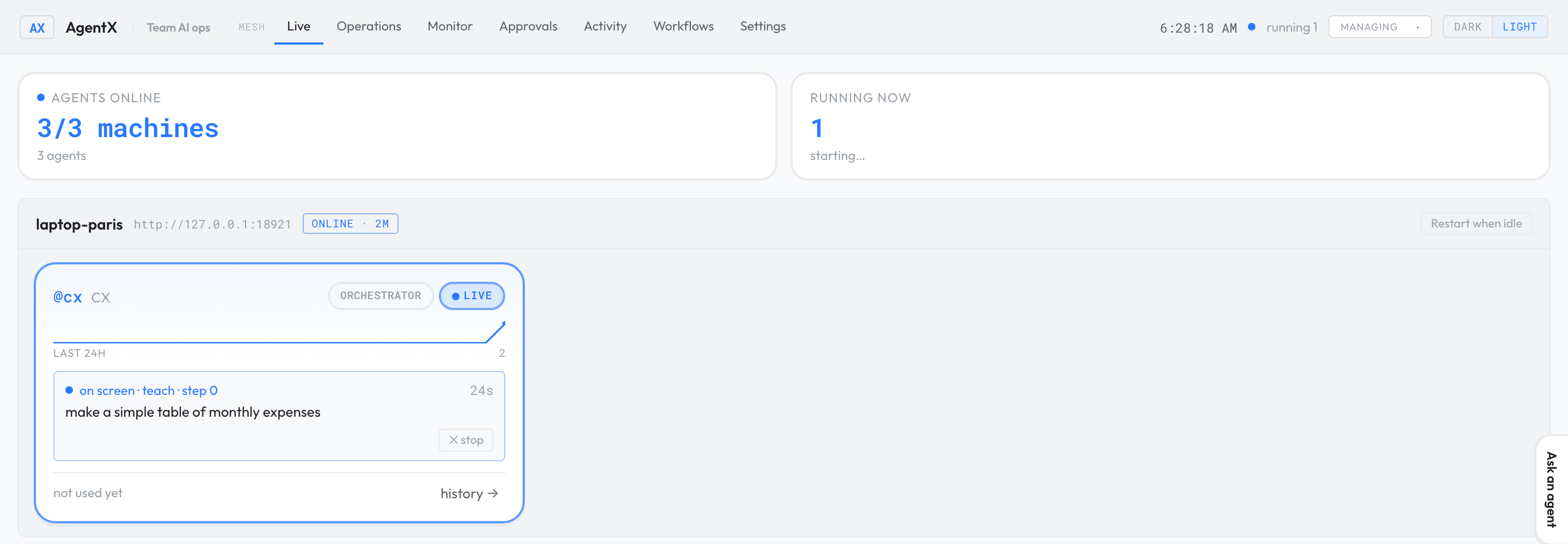 The Live tab with the cx agent's card showing a running lesson: "on screen · teach · step 0", the lesson's goal, and its ✕ stop button