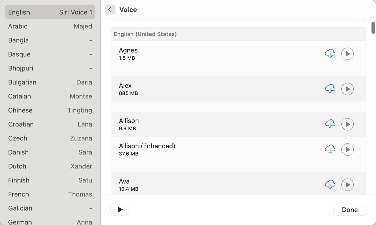 The Manage Voices list in System Settings, with voices to download for each language