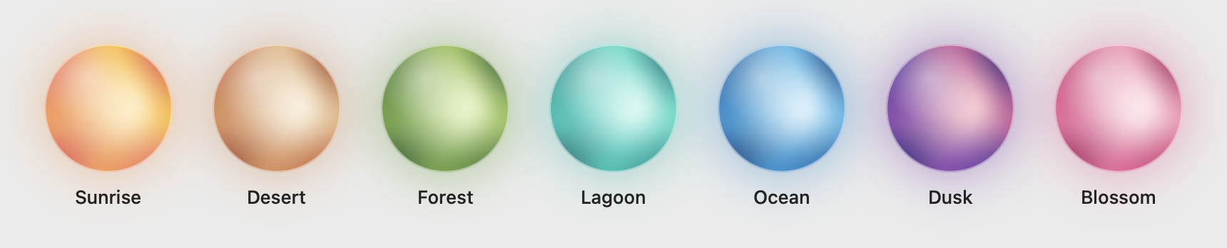 The seven orb palettes: Sunrise (coral to amber), Desert (terracotta to sand), Forest (moss to fern), Lagoon (teal to aqua), Ocean (deep blue to sky), Dusk (indigo to rose) and Blossom (rose to blush)