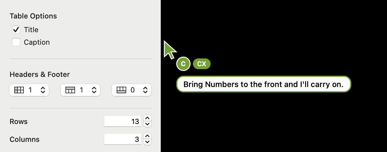 An agent's on-screen pointer beside the Numbers sidebar: an arrow in the agent's colour, a circle with its initial C, its name CX, and a speech bubble with what it is saying