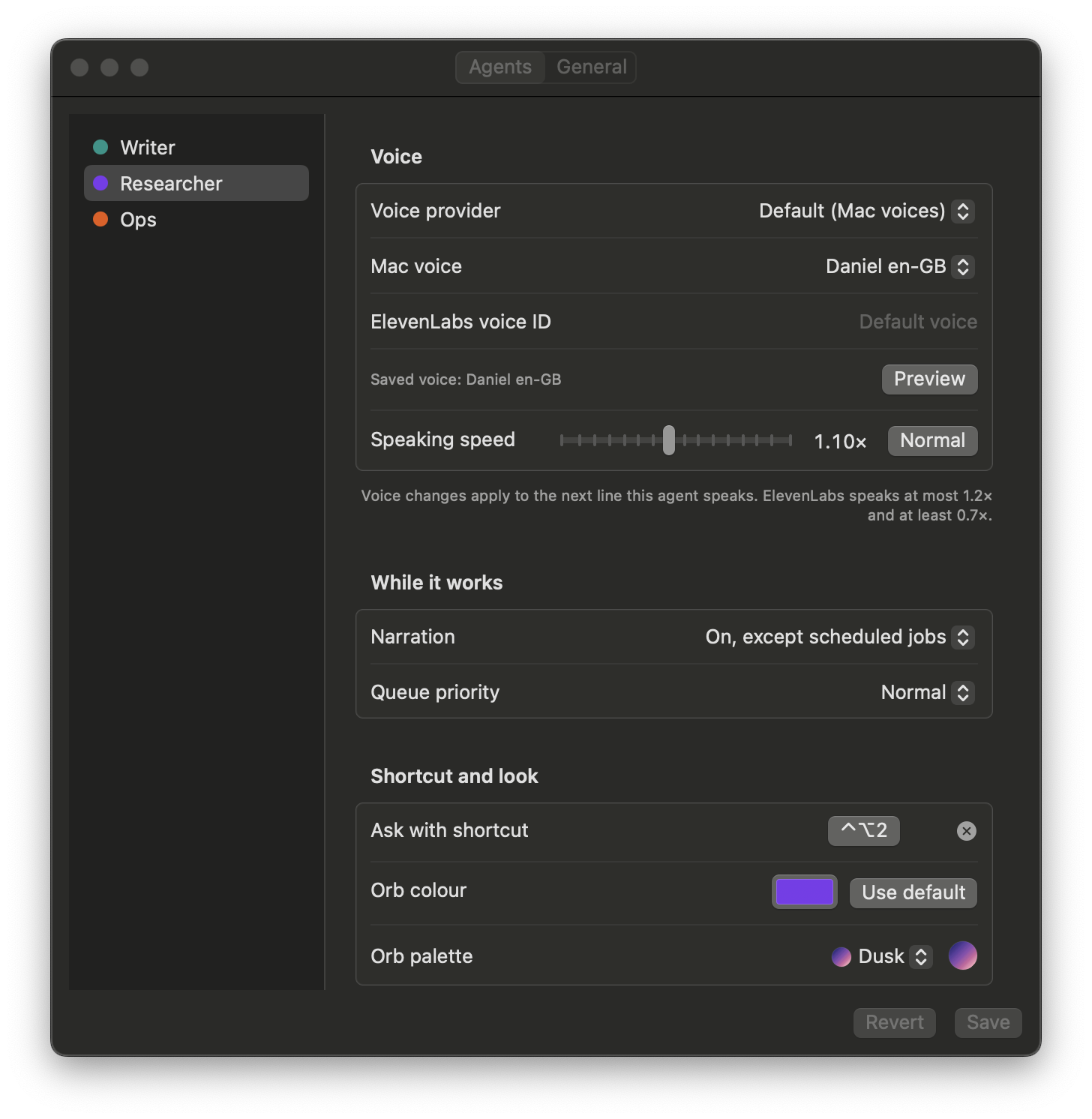The Agents tab in dark mode, with Researcher picked: its own Mac voice, a speed of 1.10×, narration on, a Control–Option–2 shortcut and the Dusk palette