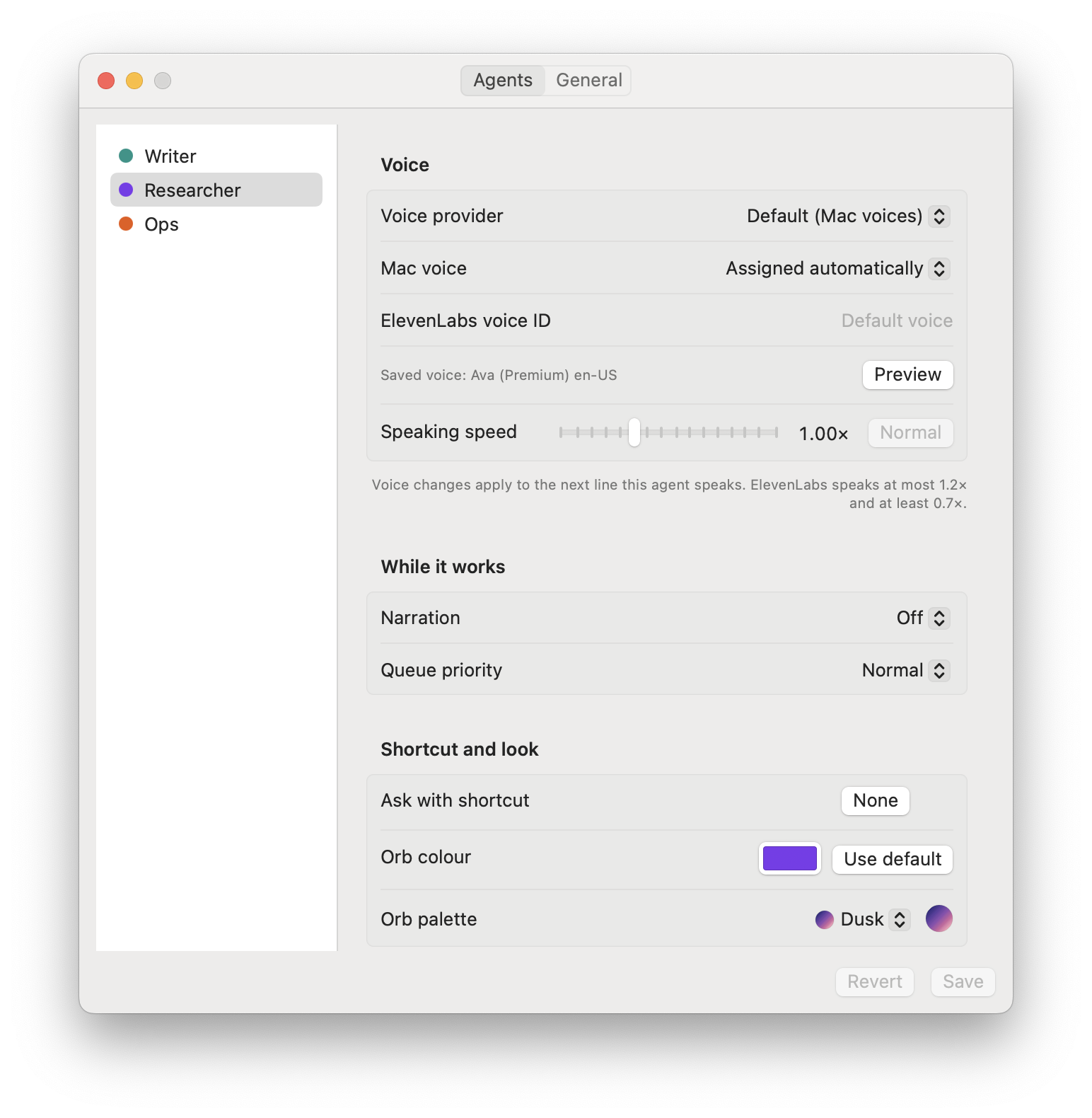 The Agents tab with Researcher picked: its voice provider, Mac voice, speaking speed, narration, queue priority, no shortcut, a violet orb colour and the Dusk orb palette