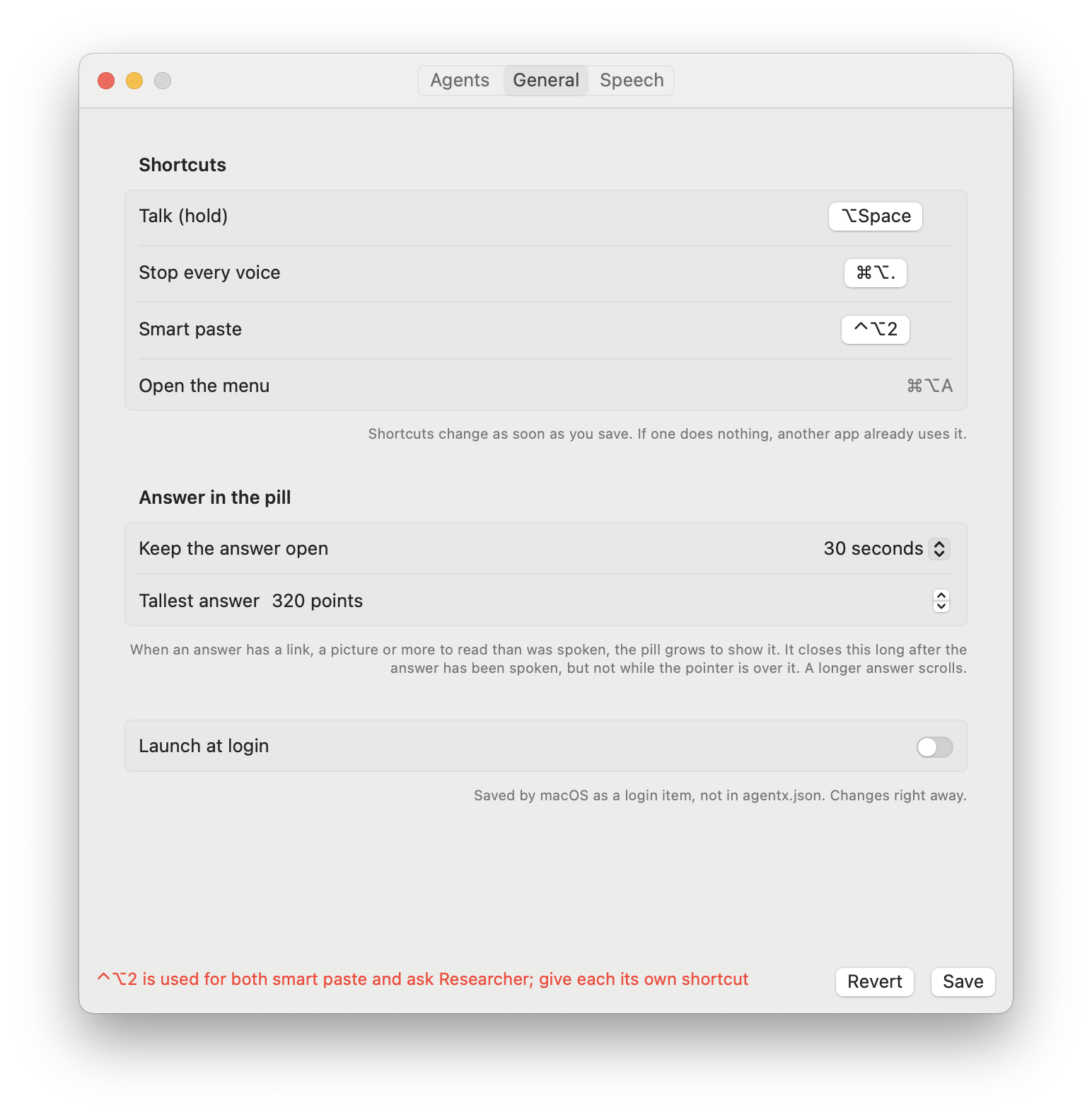 A refused save on the General tab: Smart paste is set to Control–Option–2, and the red message next to Revert and Save says that shortcut is used for both smart paste and asking Researcher