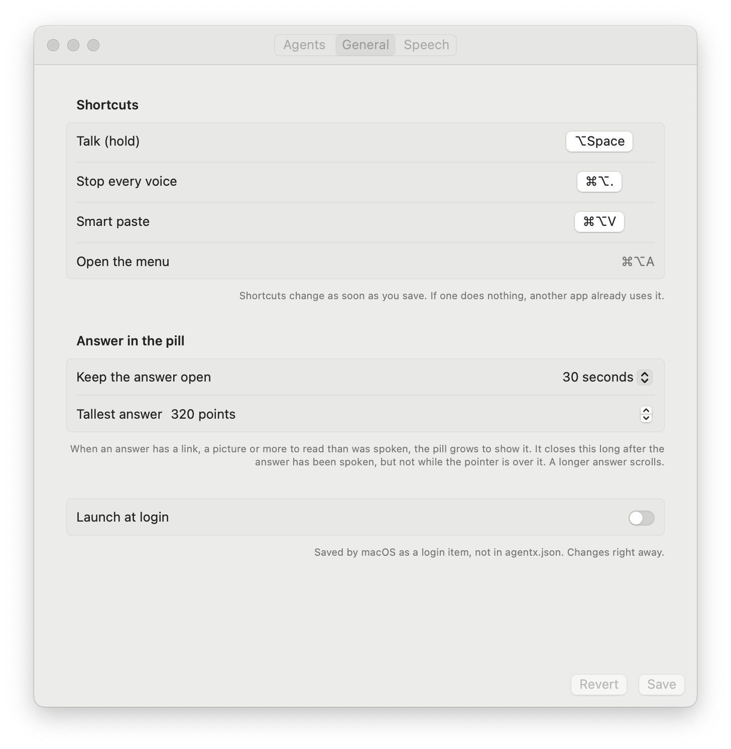 The General tab, light mode: the Talk, Stop every voice and Smart paste shortcuts, the fixed Open the menu shortcut, Answer in the pill with Keep the answer open at 30 seconds and Tallest answer at 320 points, and Launch at login