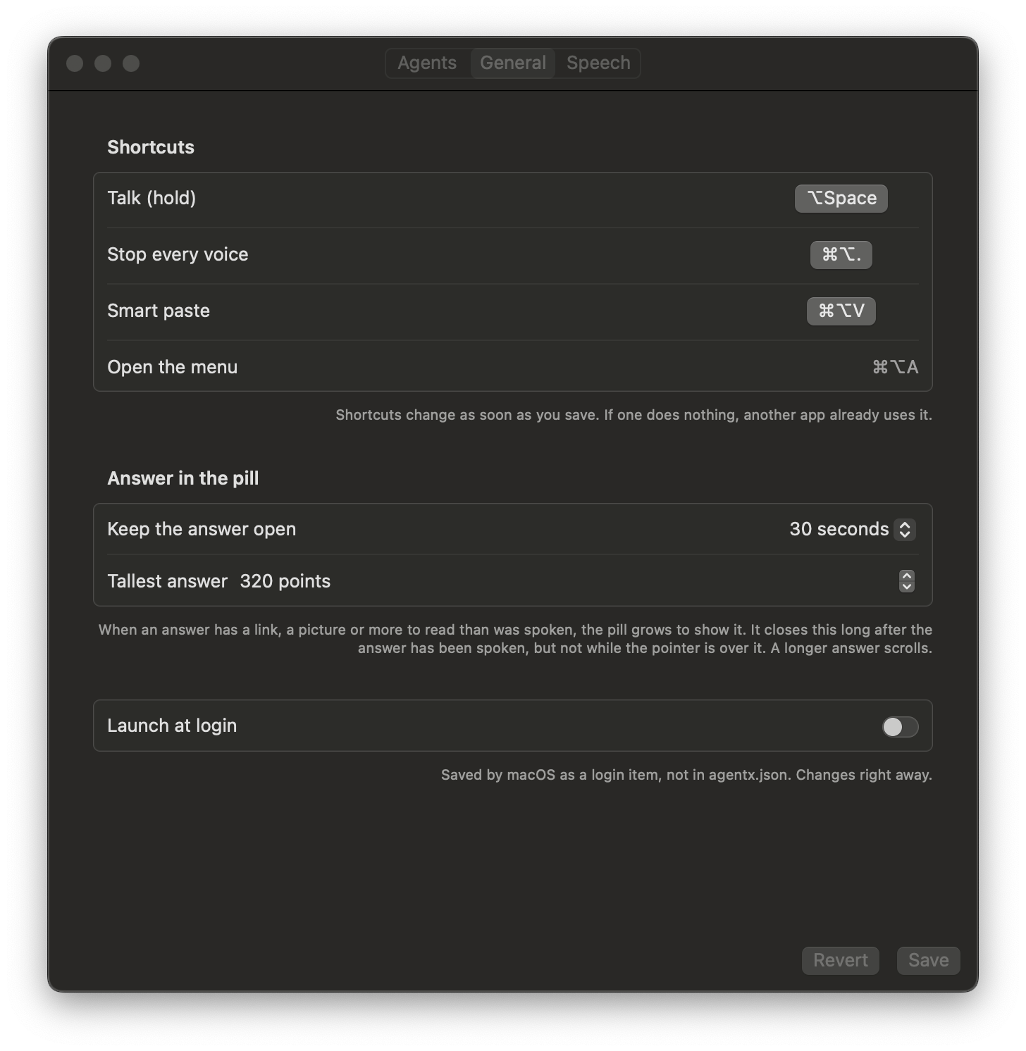 The General tab in dark mode: Talk, Stop every voice and Smart paste shortcuts, the fixed Open the menu shortcut, Answer in the pill with Keep the answer open and Tallest answer, and Launch at login