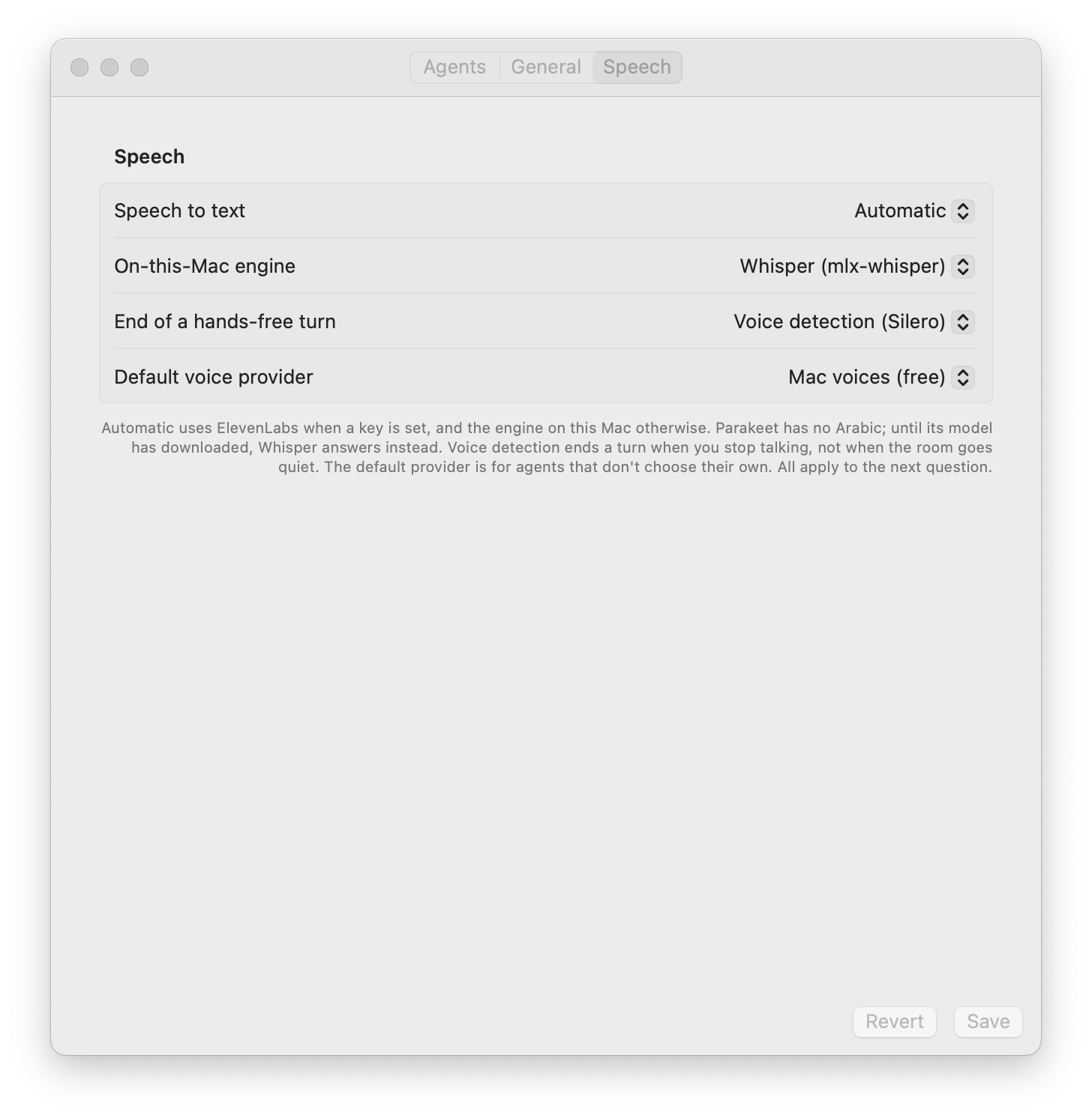 The Speech tab, light mode: Speech to text set to Automatic, the On-this-Mac engine set to Whisper, End of a hands-free turn set to Voice detection, and Default voice provider set to Mac voices
