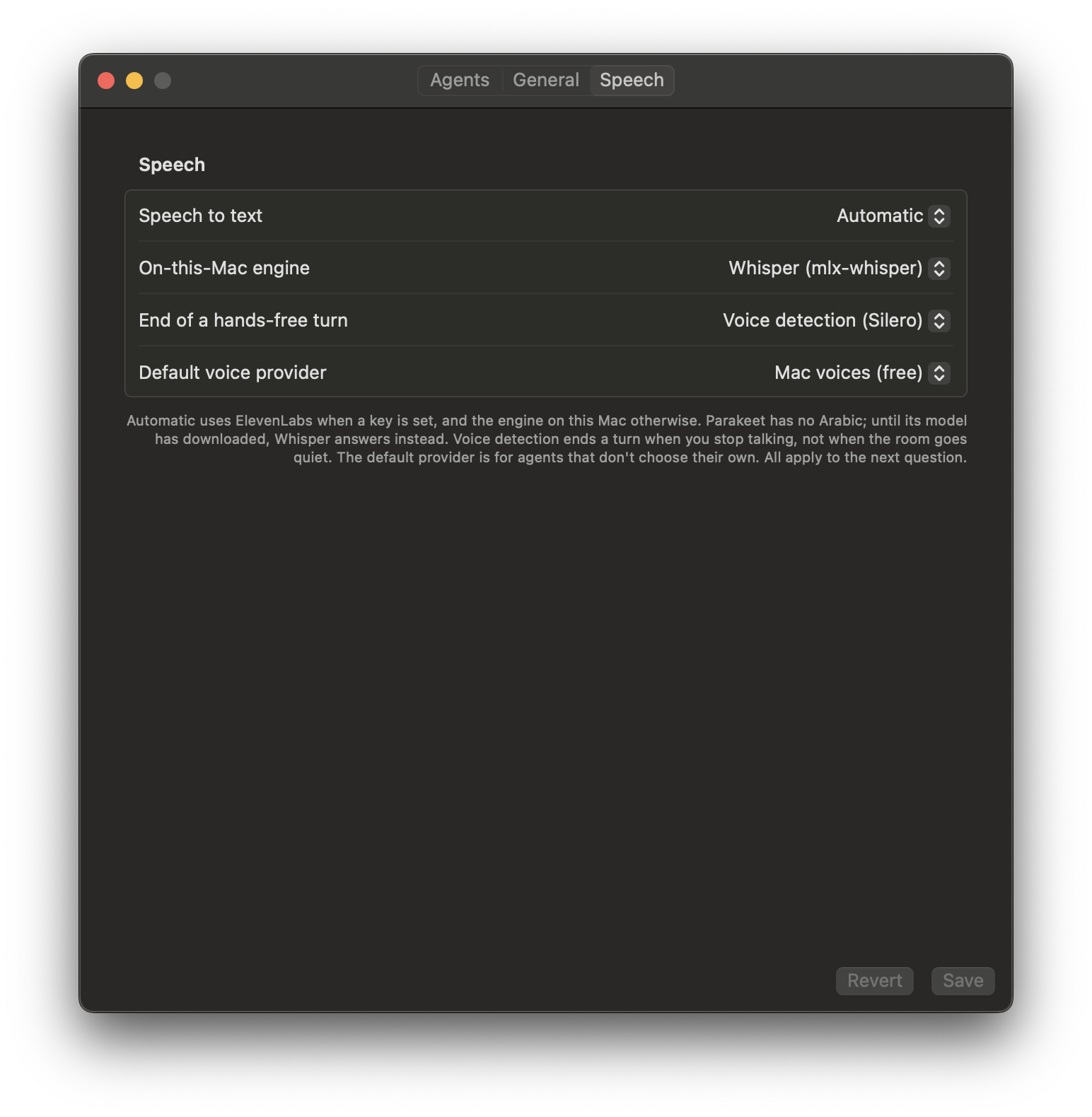 The Speech tab in dark mode: Speech to text, the On-this-Mac engine, End of a hands-free turn and Default voice provider