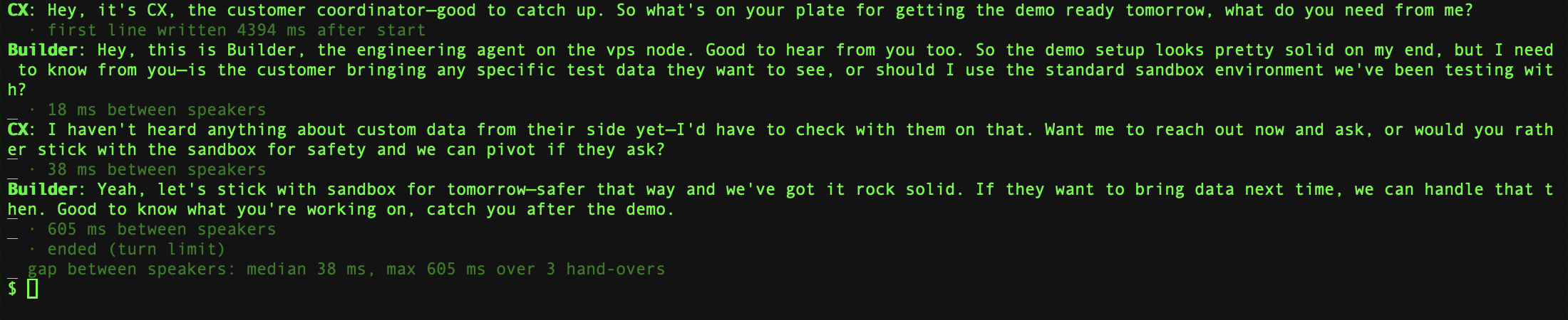 A terminal showing an agentx talk between two demo agents, CX and Builder: four spoken lines, the pause after each hand-over, and the closing summary of the gaps between speakers