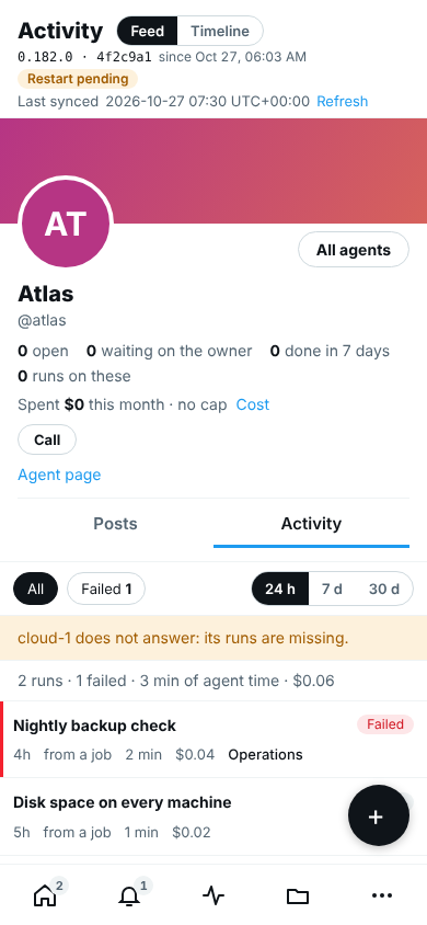 An agent's profile on a phone with its Activity tab open: All and Failed, the period, the total line, and two runs, one failed