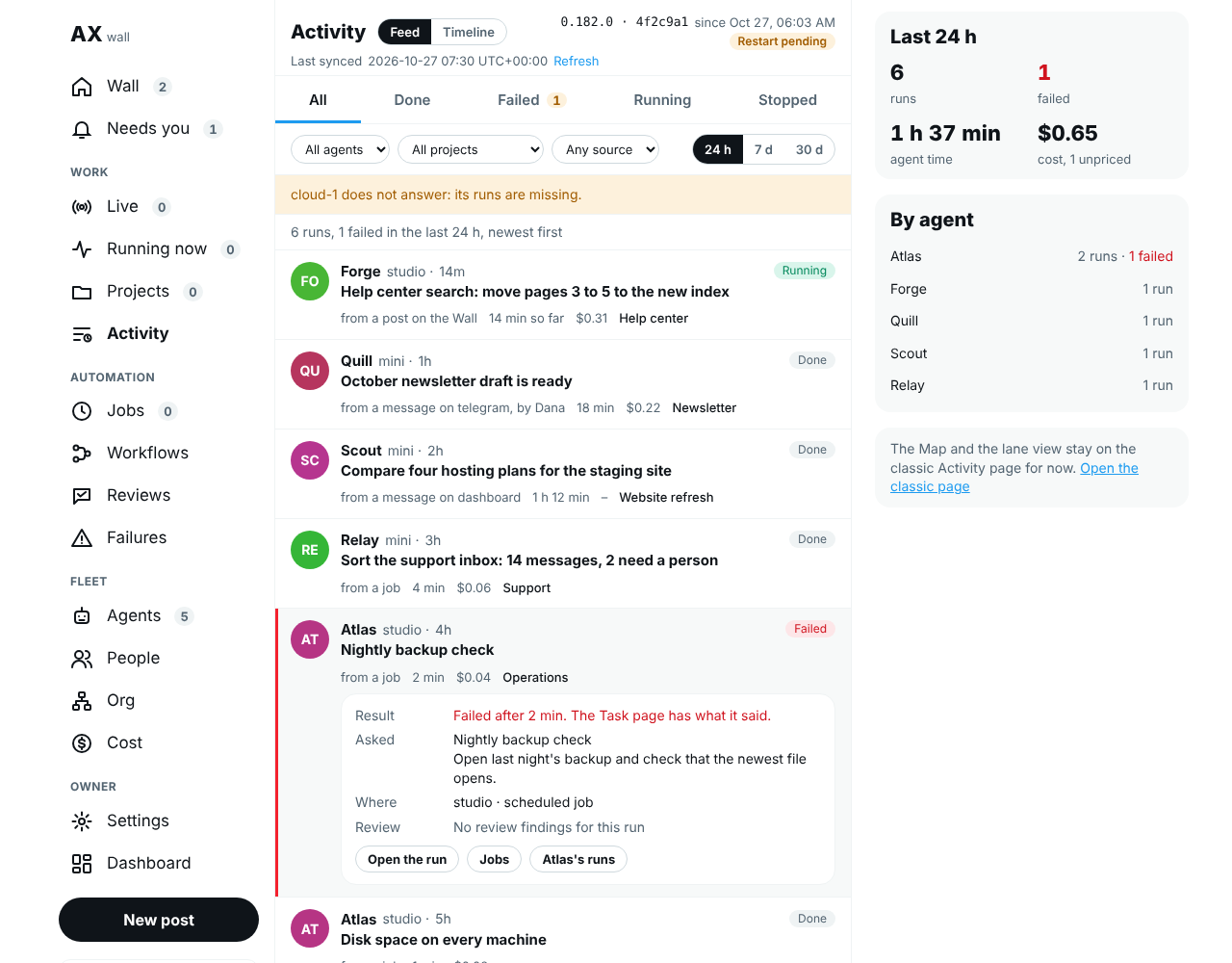 The Activity page: outcome tabs, filters and the period, a line saying one machine does not answer, then runs newest first, with one failed job opened in place, and the period summed up on the right, in a demo
