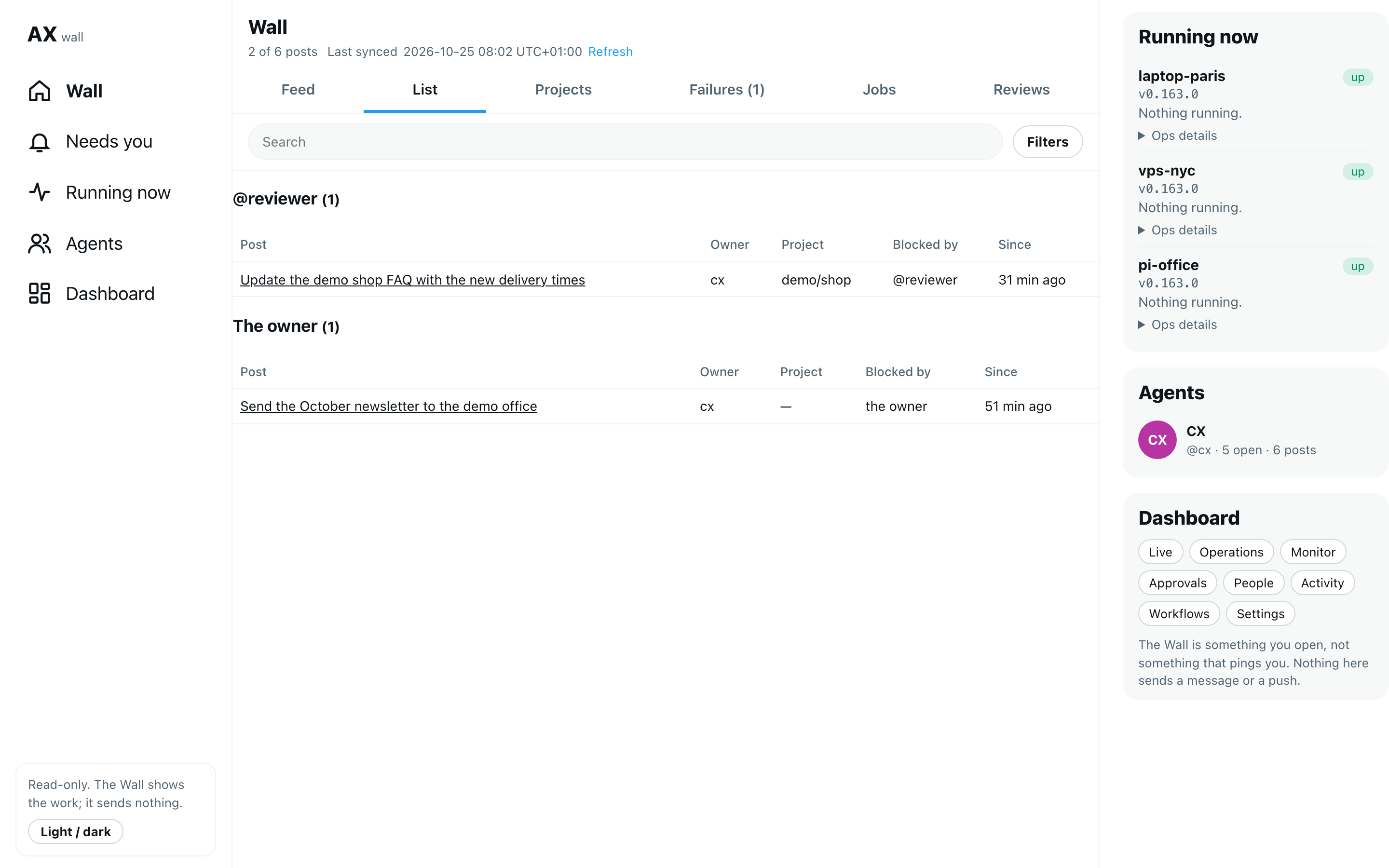 The Blocked list grouped by agent: a FAQ update waiting on @reviewer and a newsletter waiting on the owner, each with how long it has been blocked, in the isolated demo