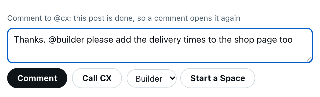 A comment on a done post with an @mention, in the isolated demo
