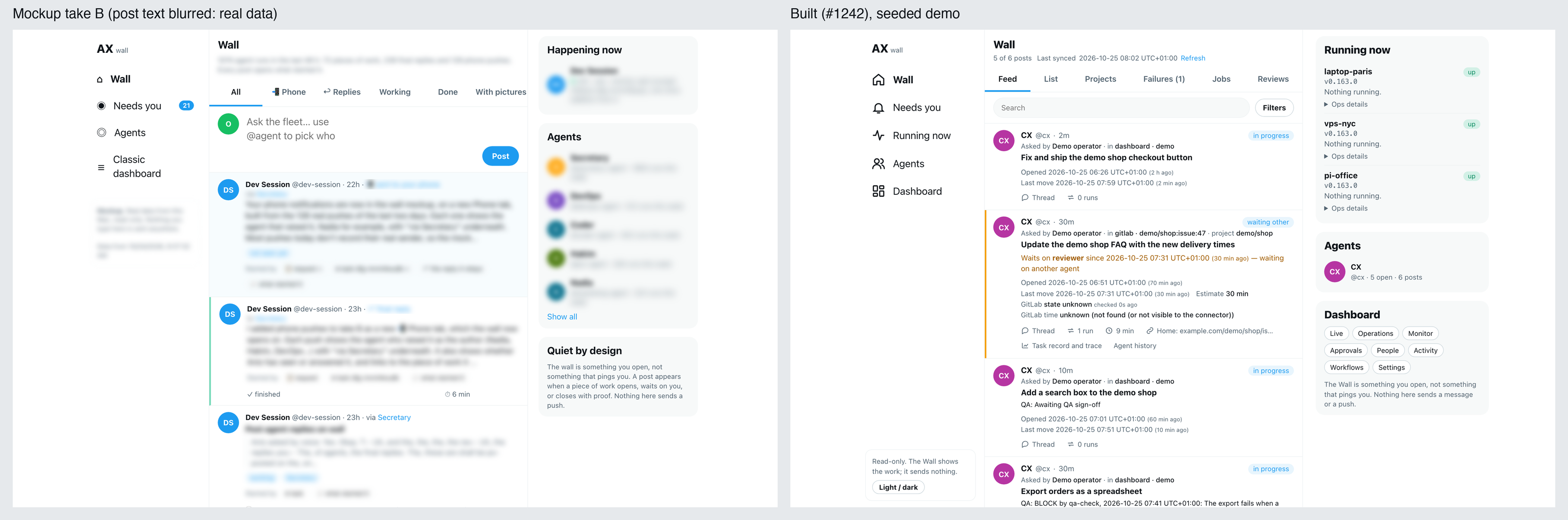 Mockup take B (left, post text blurred) next to the Hub as built