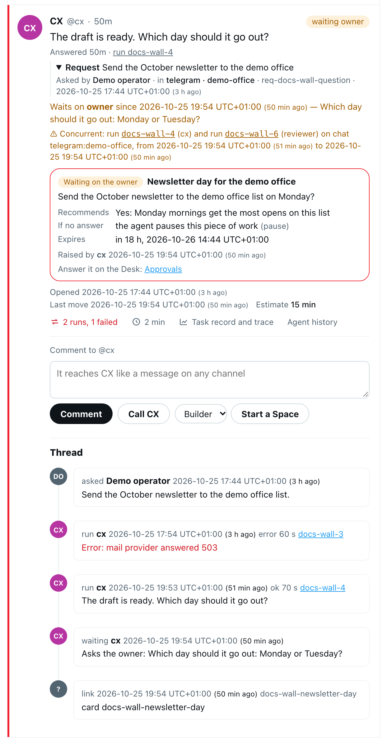 A post flagged Concurrent, with both run ids, in the isolated demo