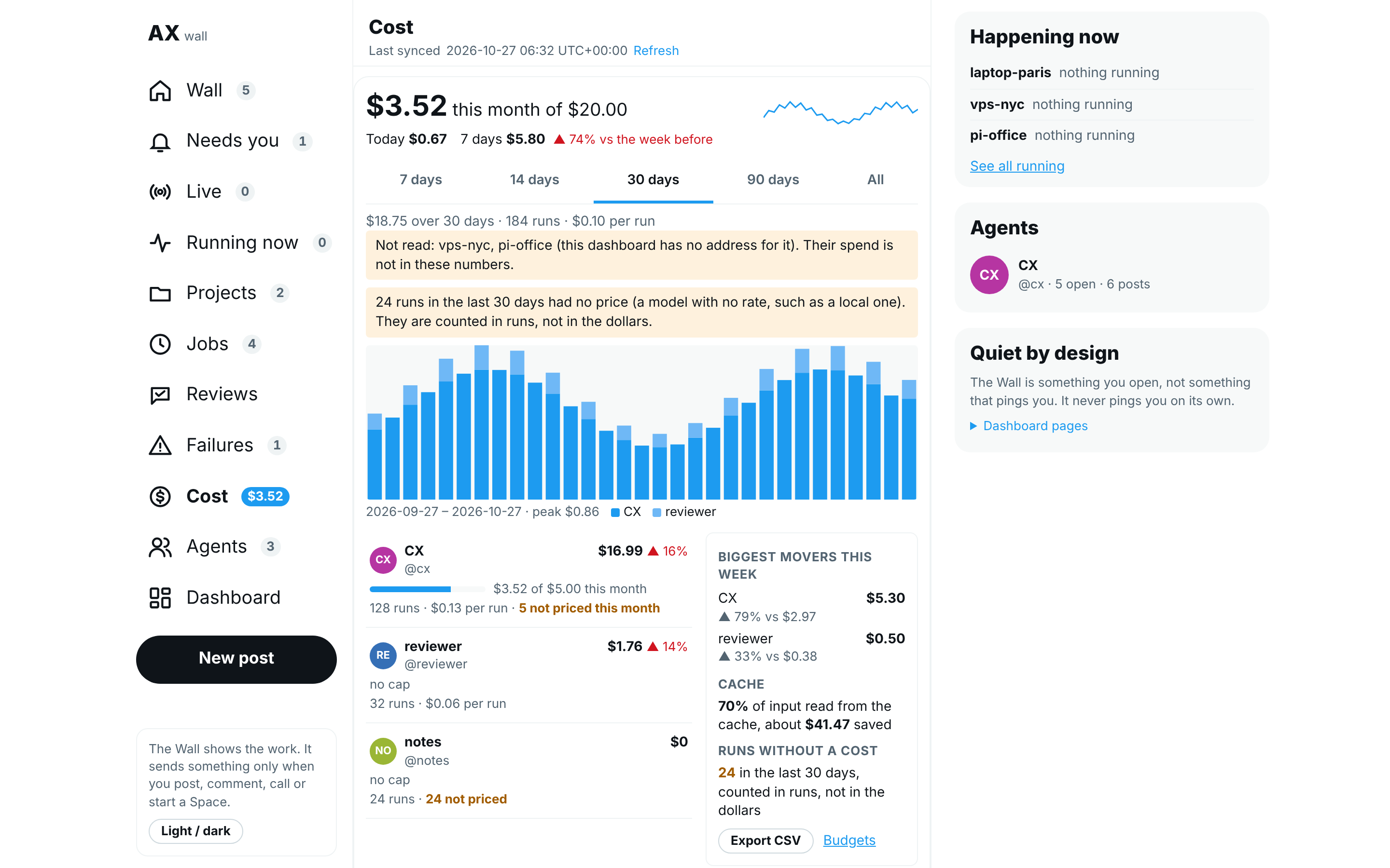 The Cost page: this month's total, the range tabs, the stacked chart and one row per agent, in the isolated demo
