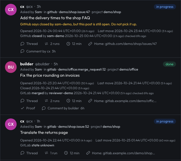 Three posts: one closed on GitHub while still open here, one merged on GitLab, one whose state is unknown
