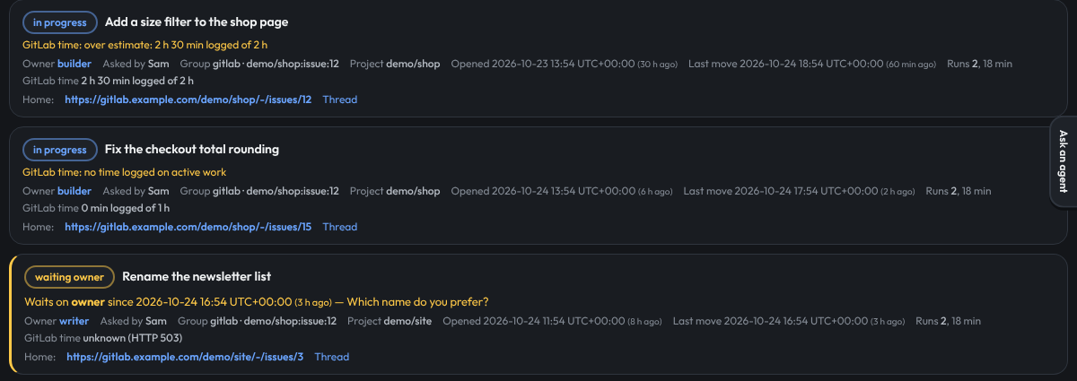 Three posts with GitLab time: one over its estimate, one with no time logged, one unknown