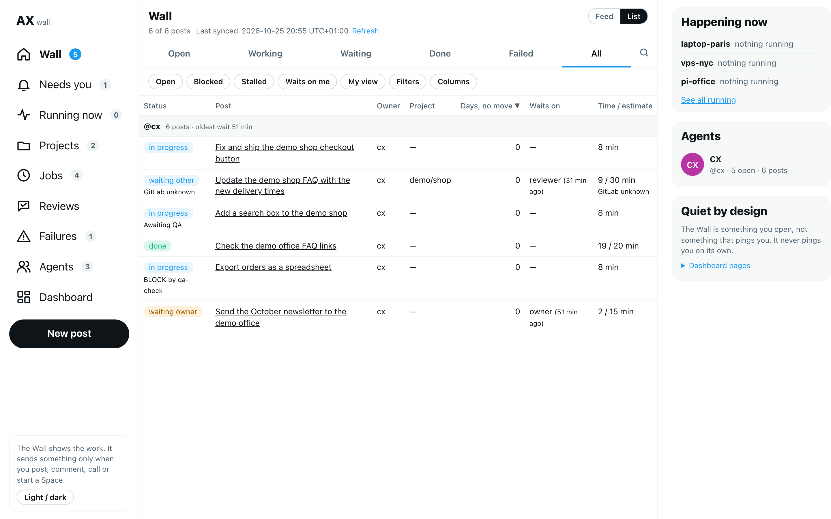 The List grouped by owner, with the quick views and amber old waits, in the isolated demo