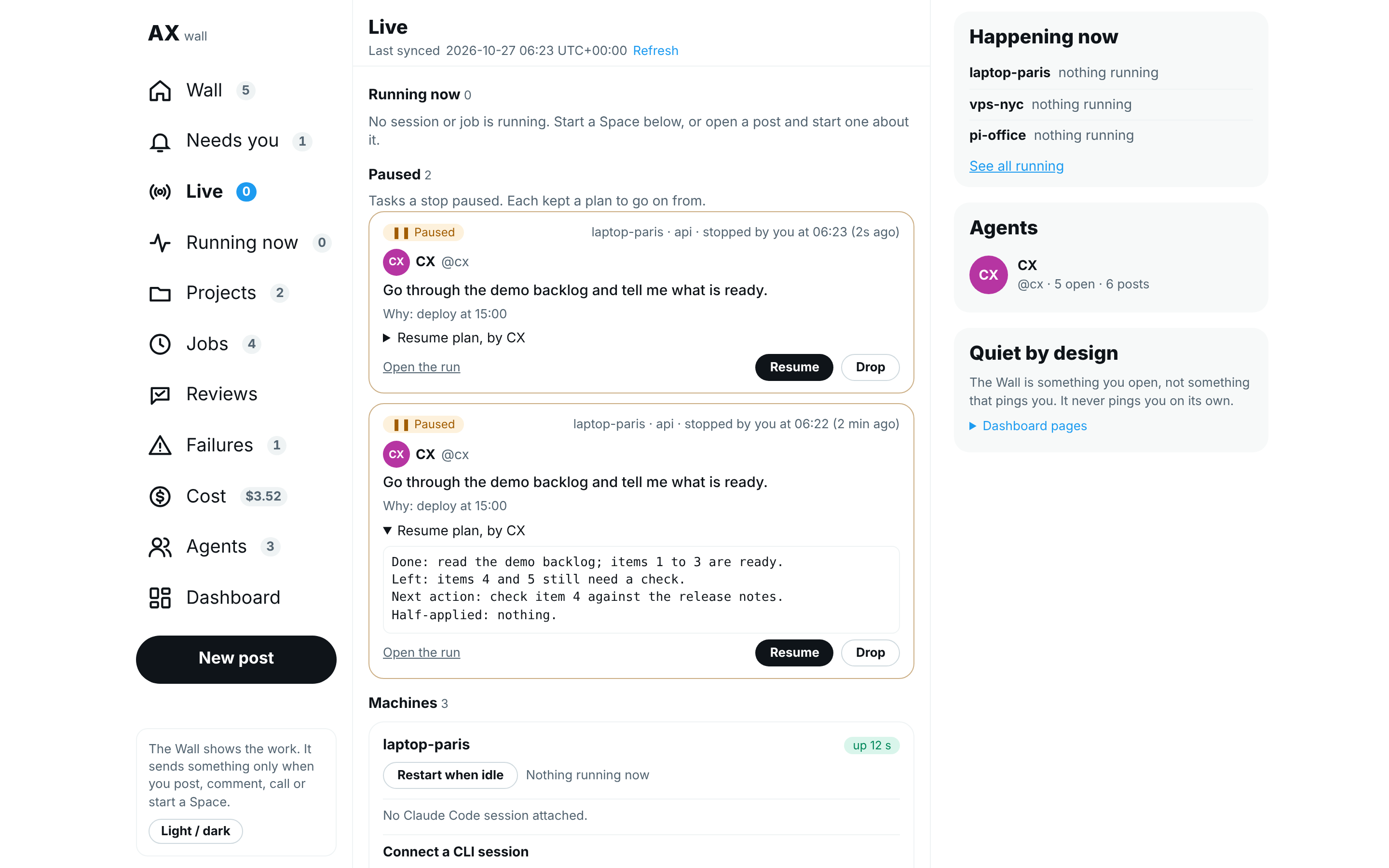 The Live page: a session and a job running now, a paused task with Resume and Drop, and the machine cards