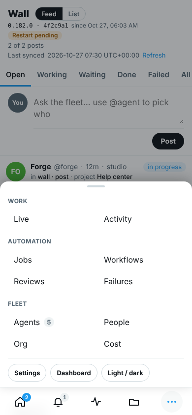 The Hub on a phone with More open: Work, Automation and Fleet, then Settings, Dashboard and Light / dark
