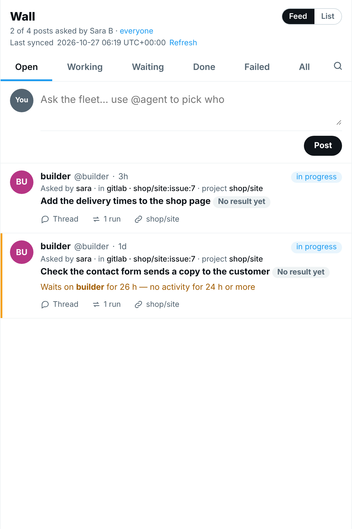 The Hub's feed with only one person's open requests, and "everyone" to go back