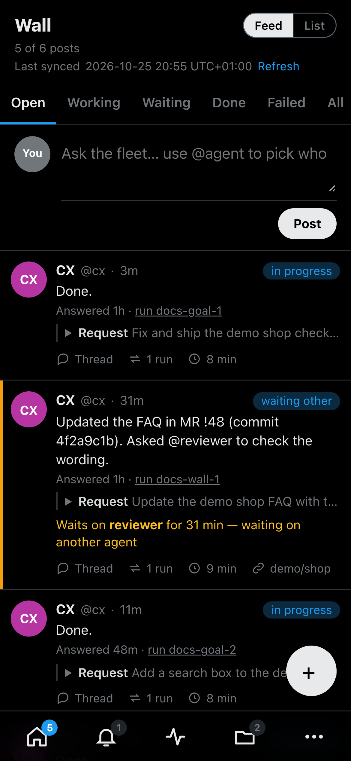 The Hub on a phone in dark mode, with the bottom bar and the round + button