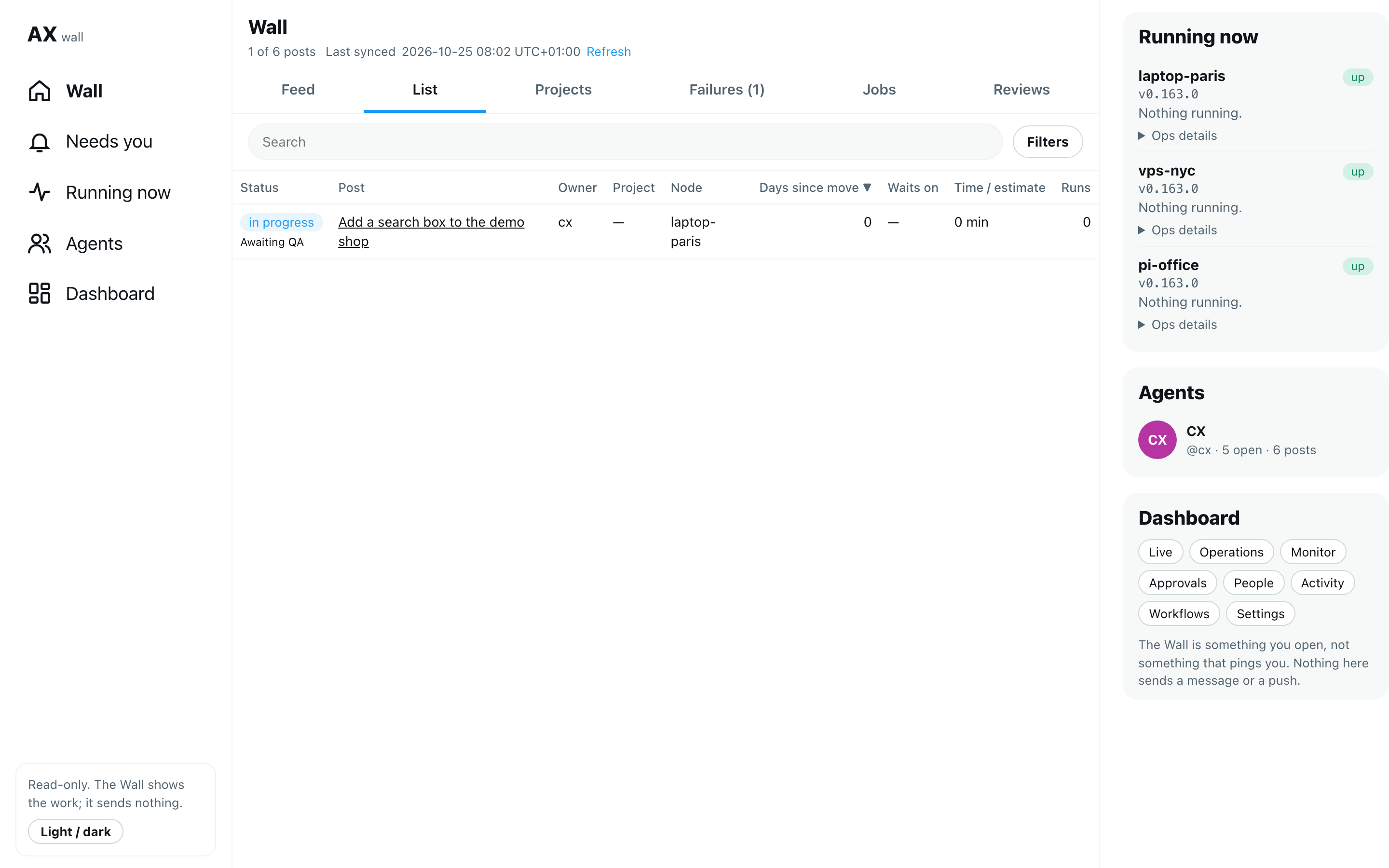 The List with Awaiting QA only ticked: one task, marked Awaiting QA