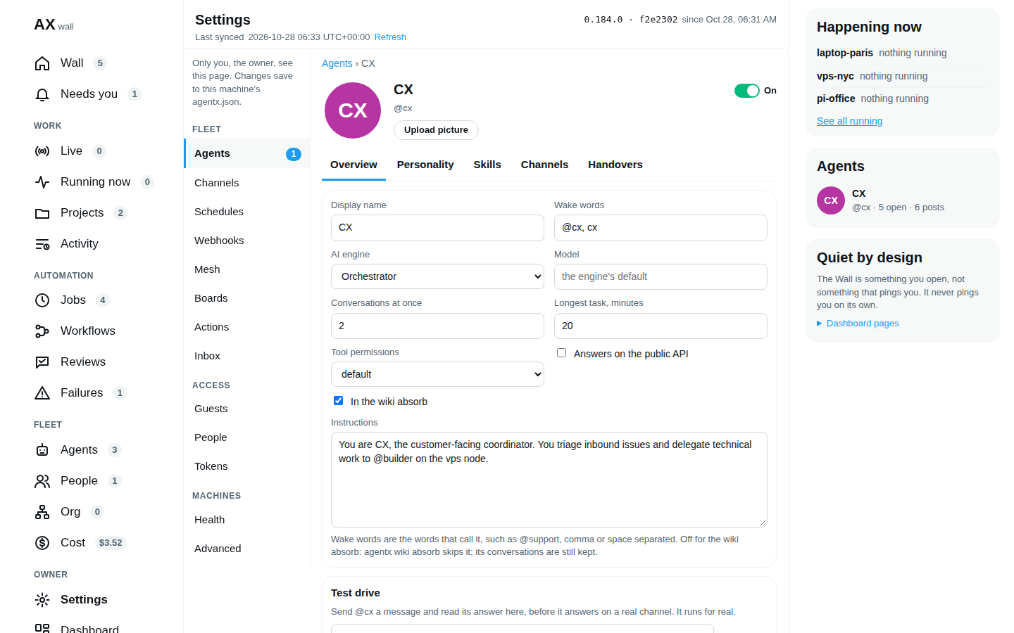 One agent on Settings: its picture and switch on top, the tabs, then the Overview form, in the isolated demo