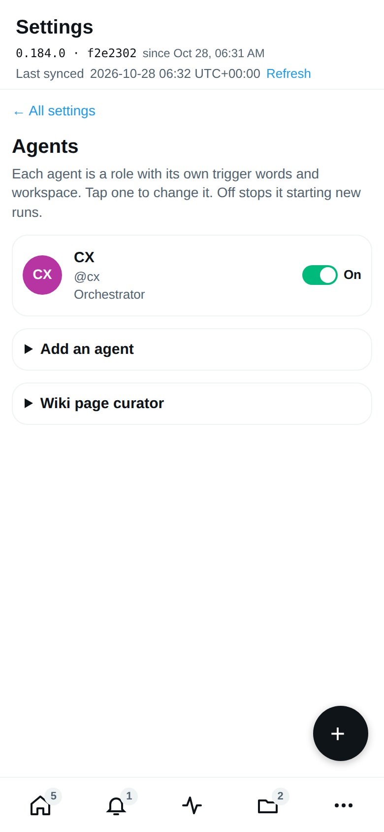 Settings on a phone: the Agents section with one agent card and its on/off switch