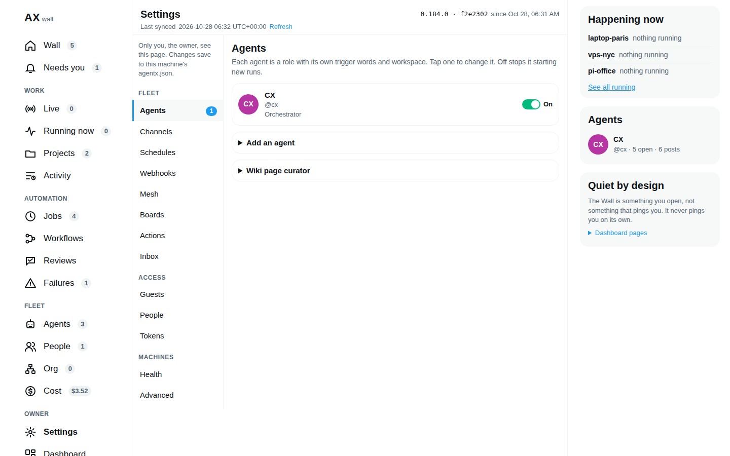 Settings on the Hub: the grouped sections on the left and one card per agent, in the isolated demo