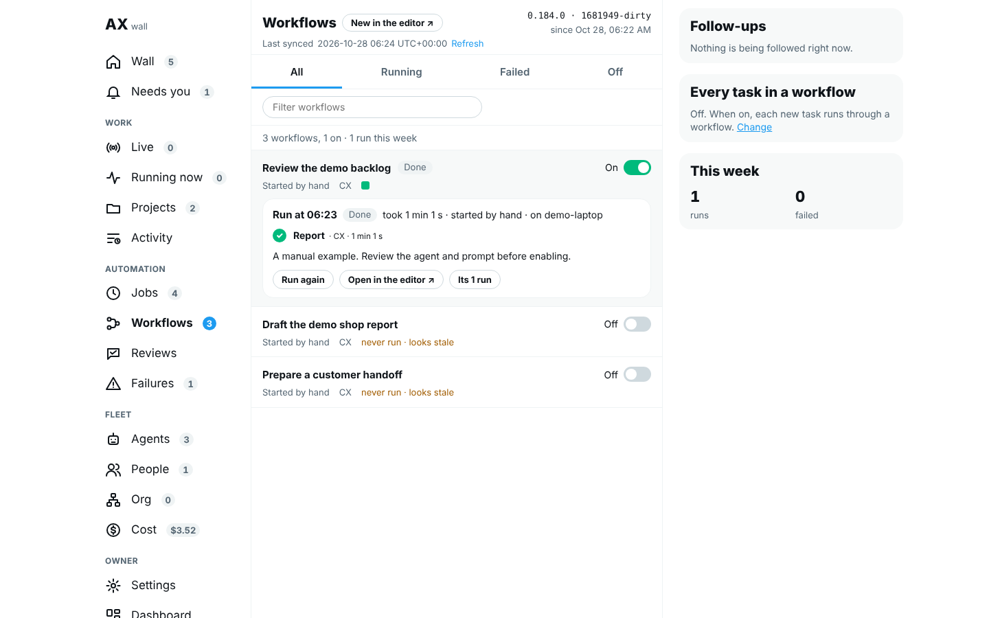 The Workflows page: one row per workflow, one opened on its last run