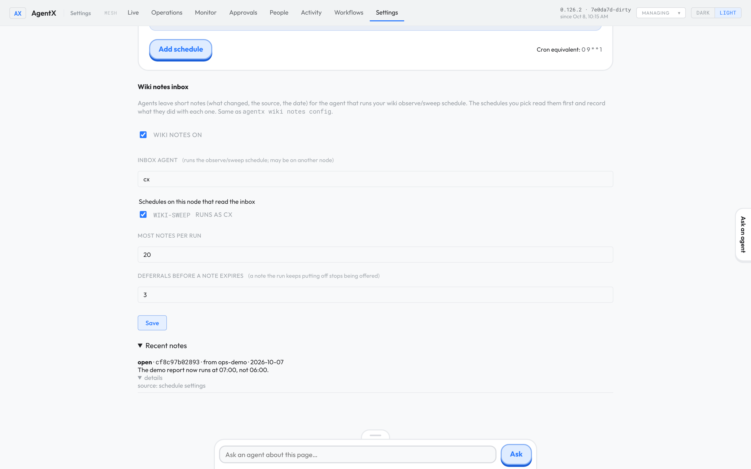 Recent notes open under the Wiki notes inbox: one open note with its id, author, date and change, and its details showing the source