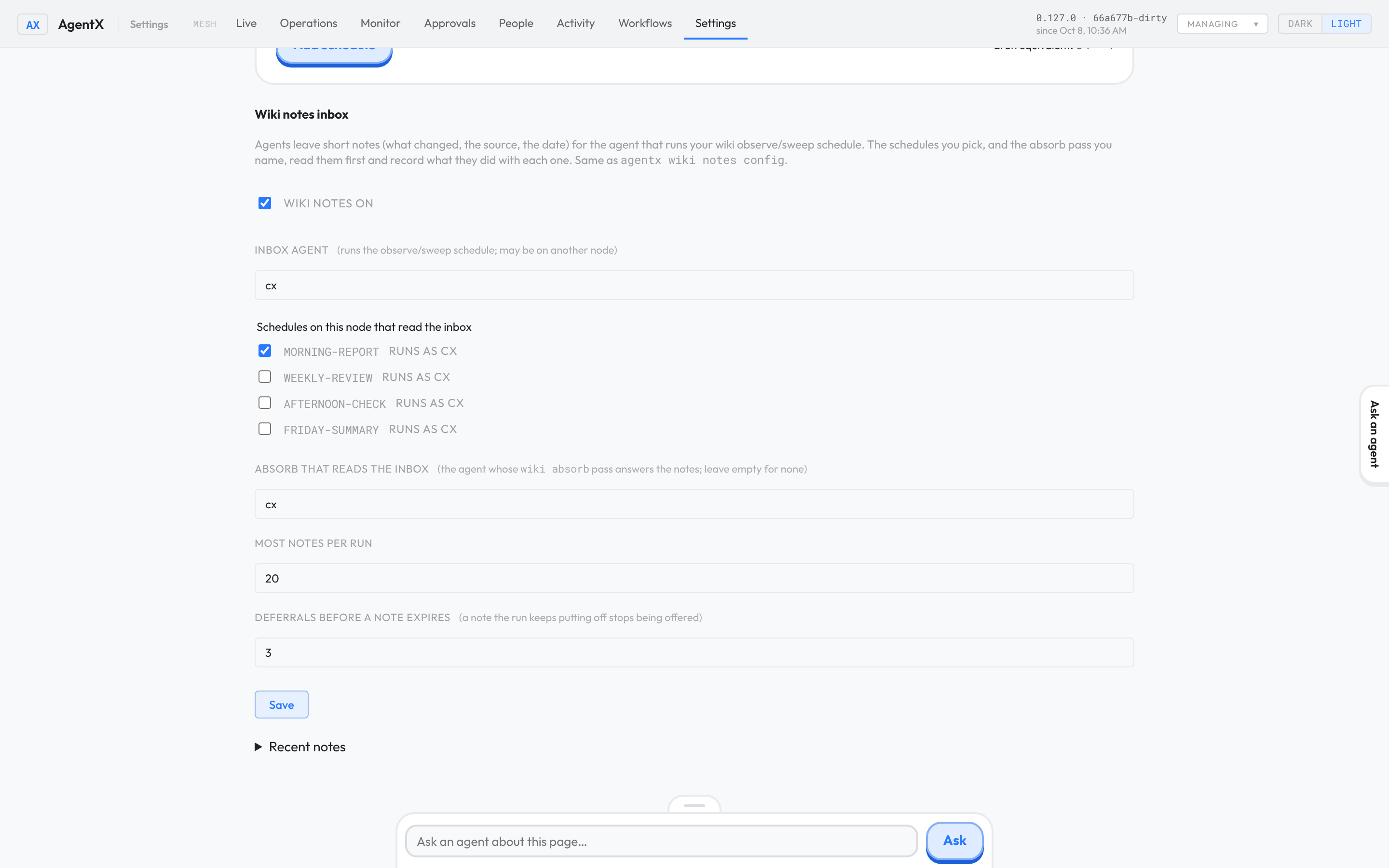 The Wiki notes inbox section on the Schedules tab: Wiki notes on is ticked, the inbox agent is filled in, one schedule is ticked, Absorb that reads the inbox names an agent, Most notes per run is 20 and Deferrals before a note expires is 3