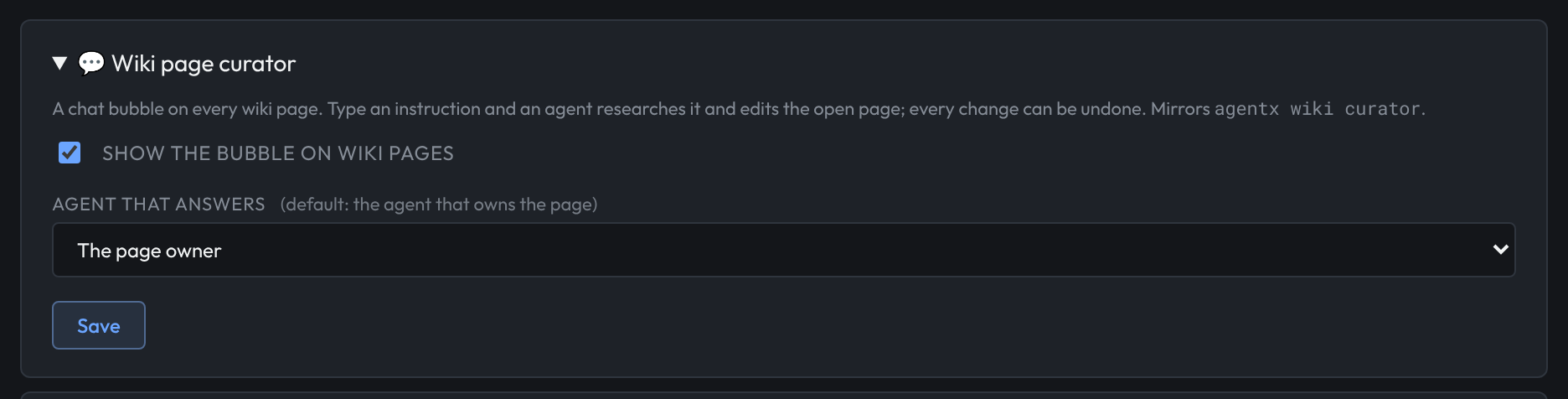 The Wiki page curator settings: a box to show the button on wiki pages, a list to pick the agent that answers, and Save