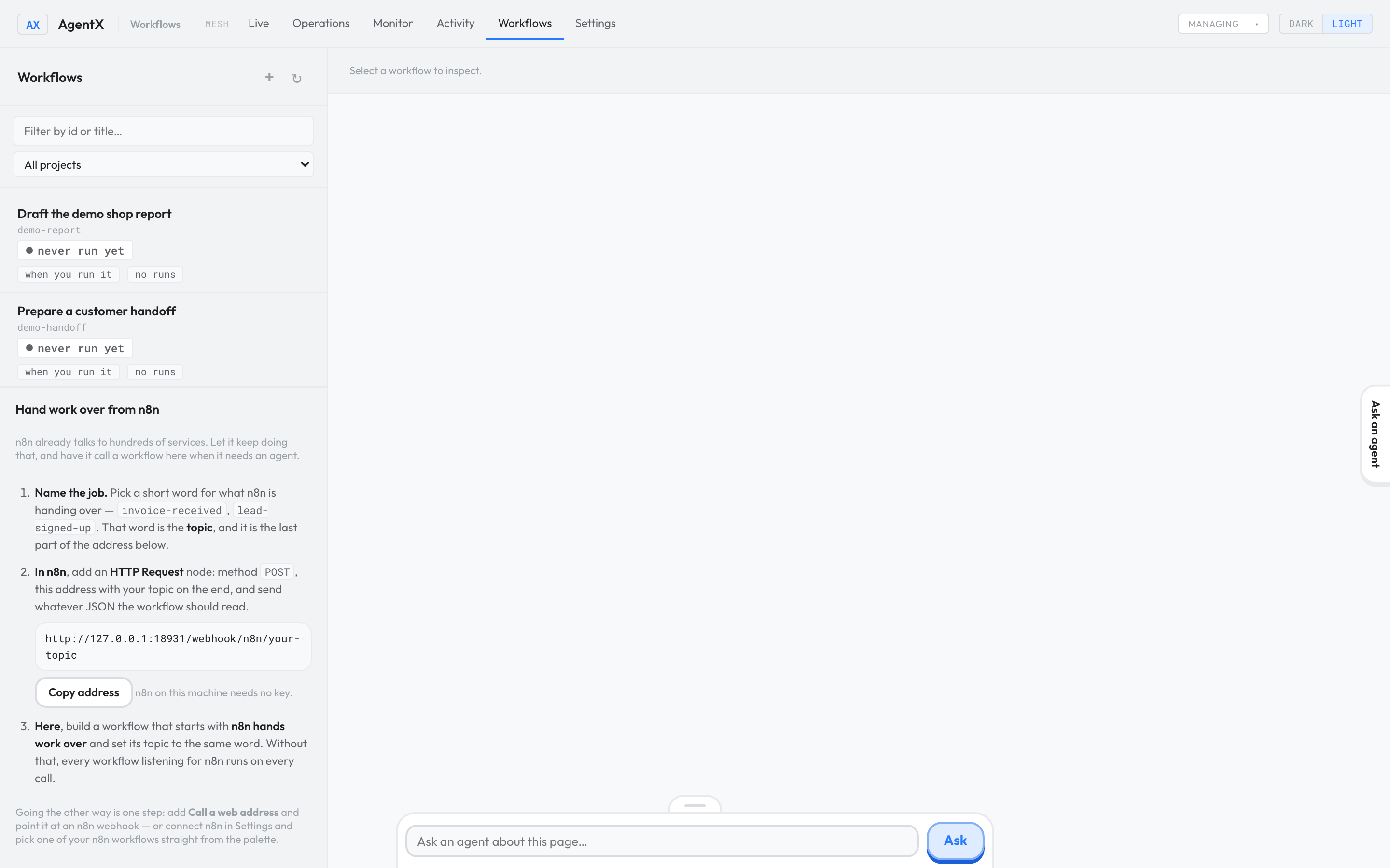 The Workflows list in the demo