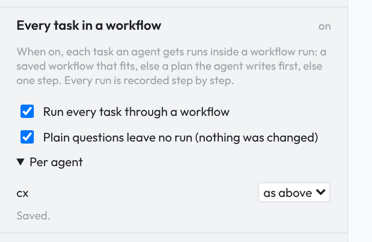 The Every task in a workflow card on the Workflows tab, open, with the setting on, plain questions exempt and the list of agents